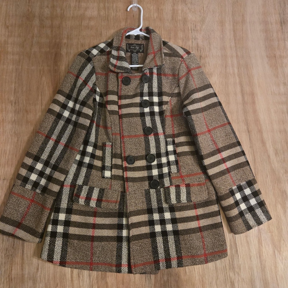 Outer Edge Womens Brown Plaid Double Breasted Pea Coat Jacket Size Medium